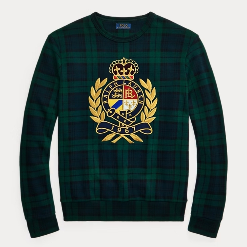 Polo by Ralph Lauren Men's Crest Tartan-Print Green Blue and Gold Fleece Sweater